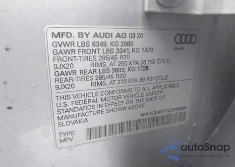 2020 Audi Q7 Premium Plus 55 Tfsi Quattro Tiptronic из США, поврежденный, VIN WA1LXAF71LD008604